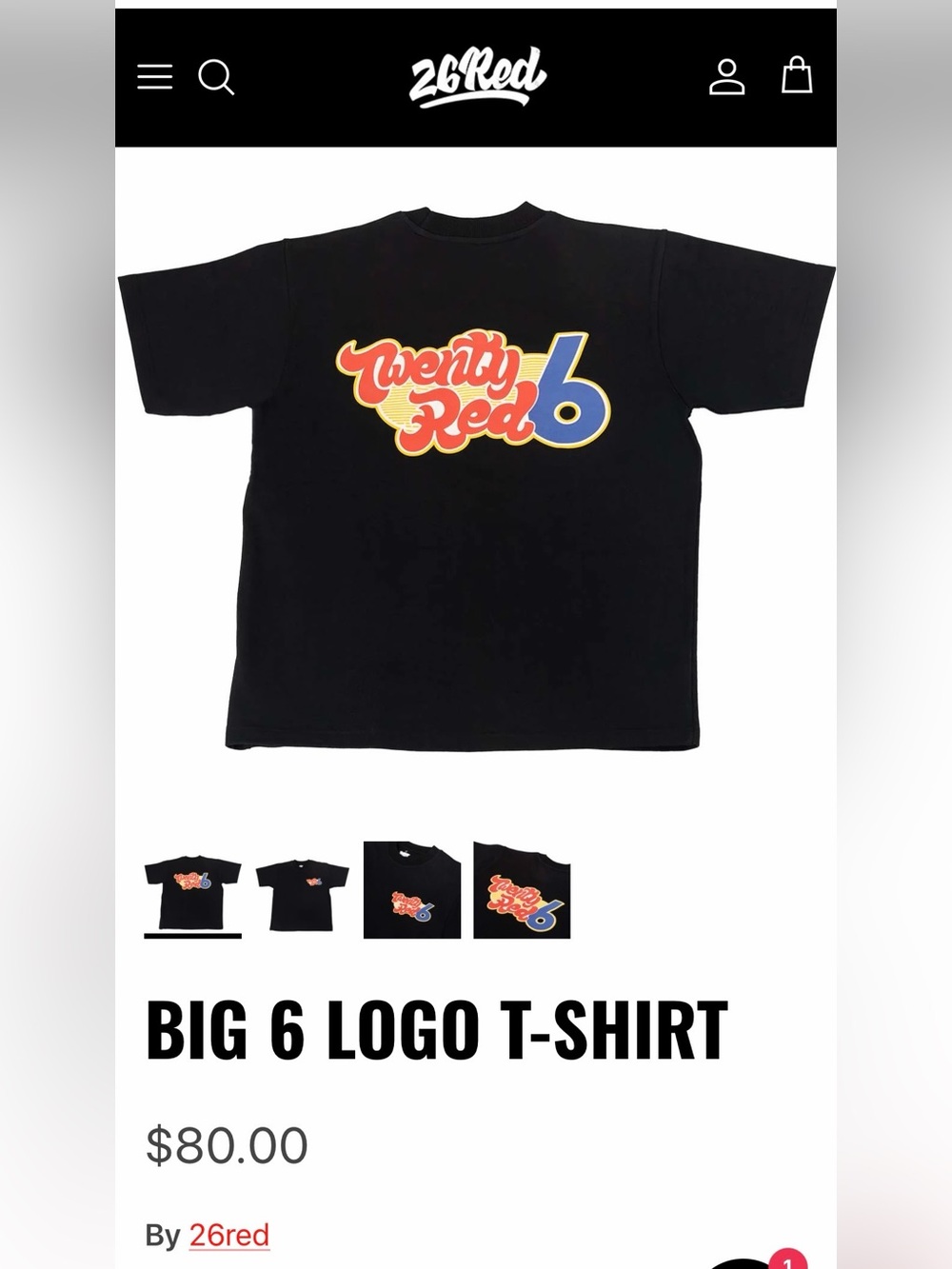 TwentySixRed Black Tee with Red, Yellow and Blue Logo